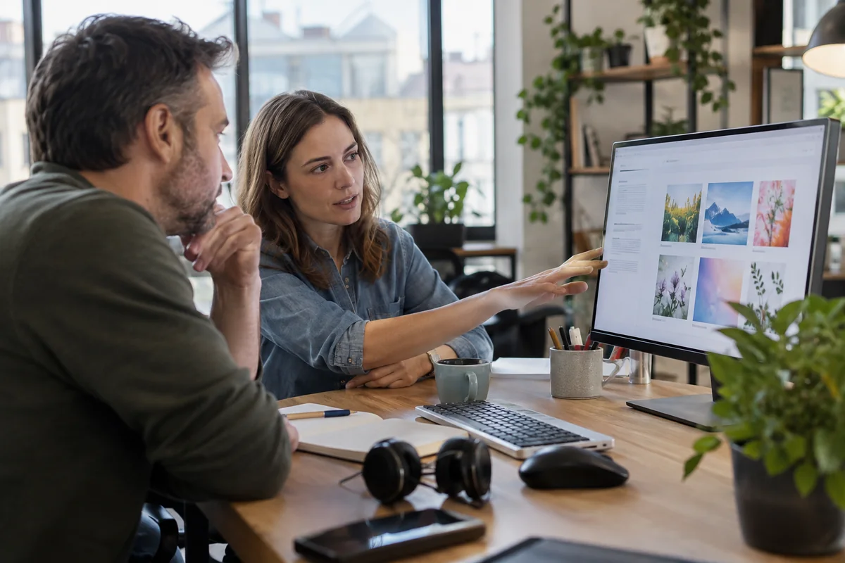 Two people examine a computer screen together