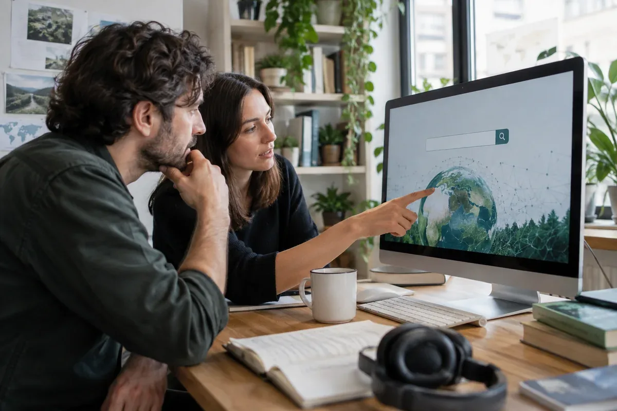 Two people examine a computer screen together