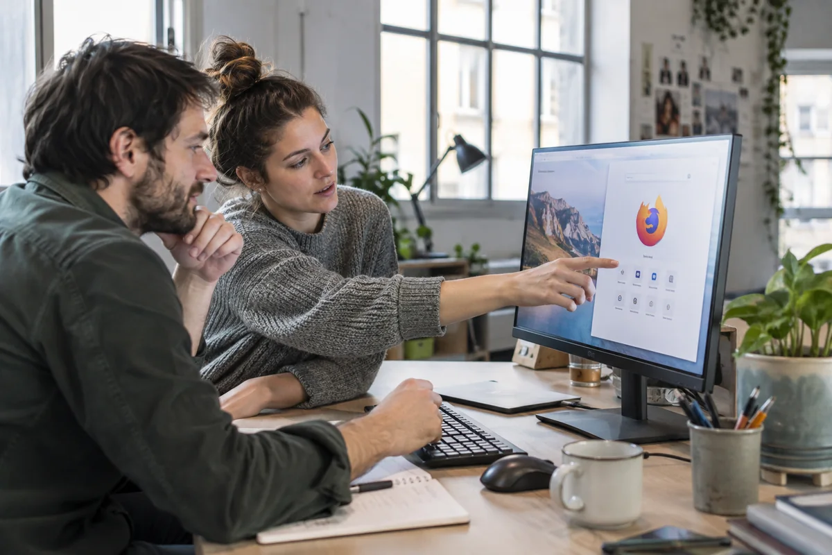 Two people examine a computer screen together