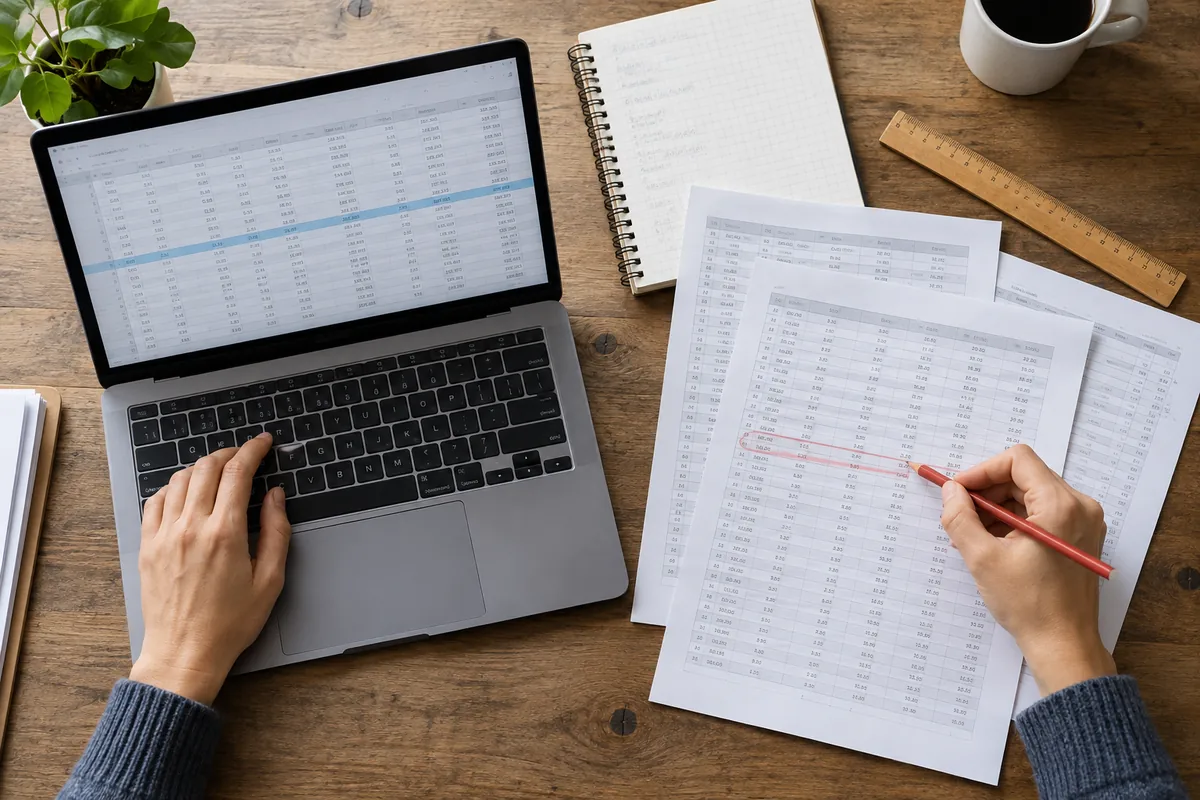 Un tableau sur ordinateur est comparé à des fiches papier pour vérifier les données