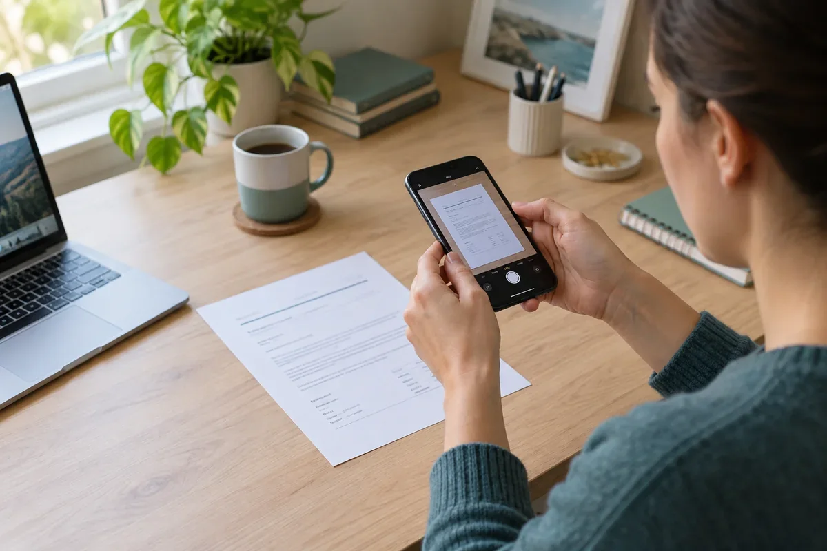 Une personne tient un téléphone au-dessus d’un document posé à plat