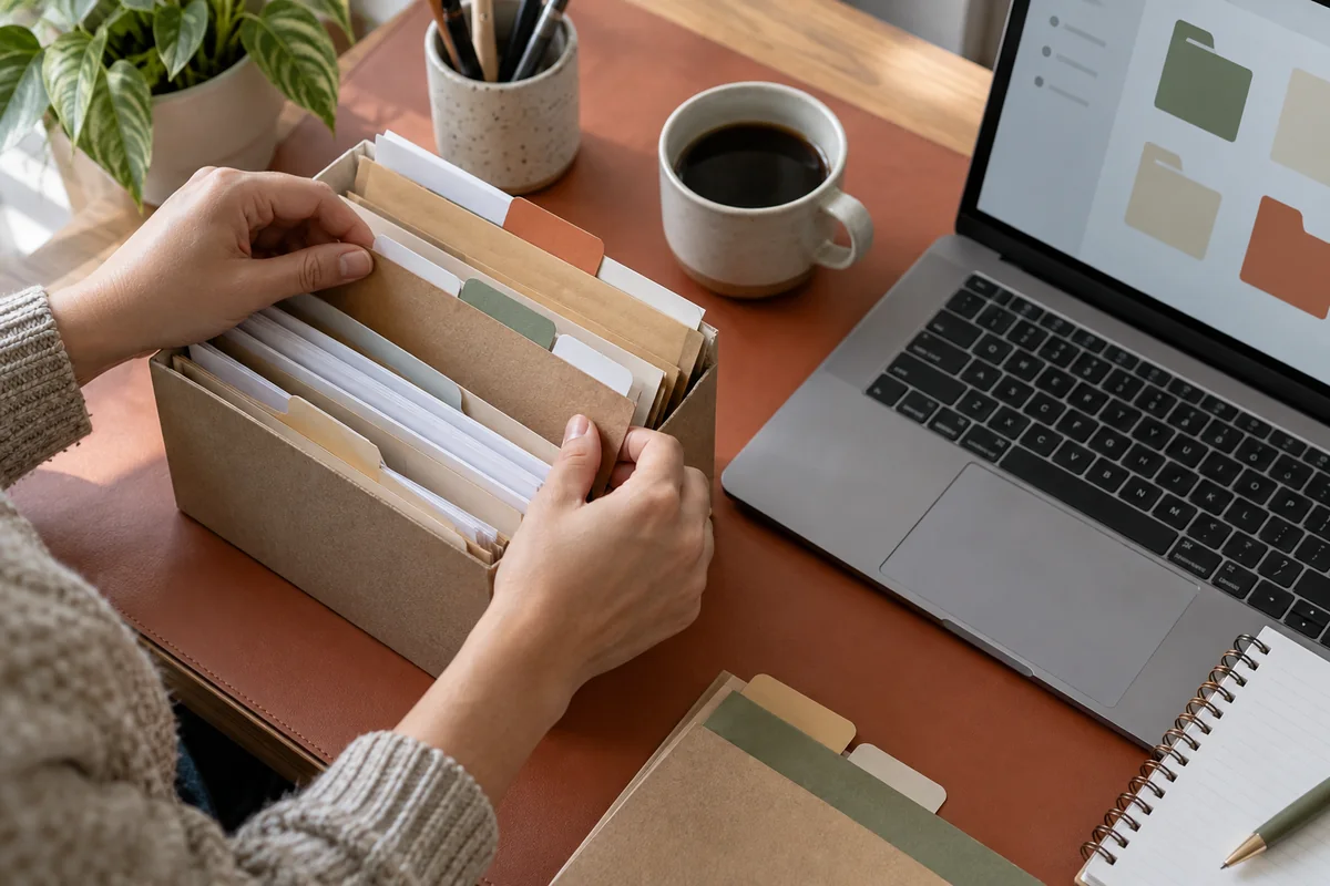 Des dossiers papier accompagnent le classement de fichiers sur un ordinateur