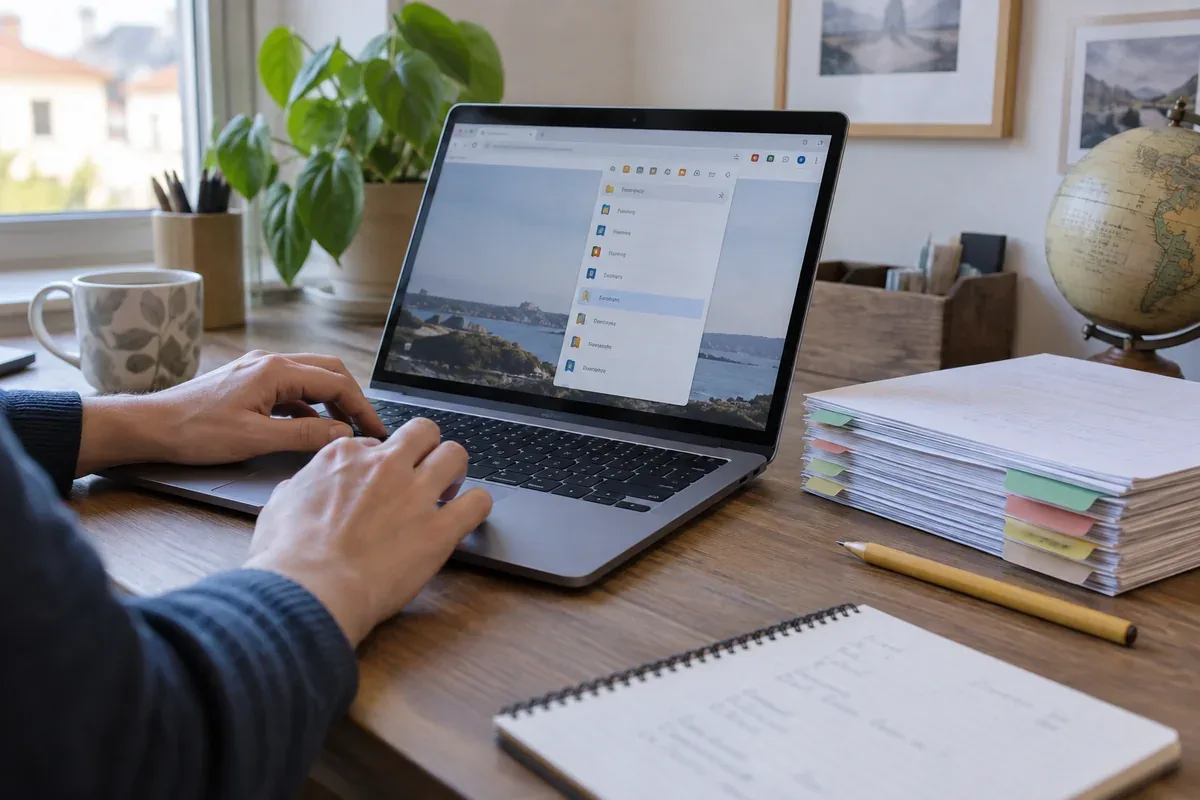 A laptop and organised documents on a desk