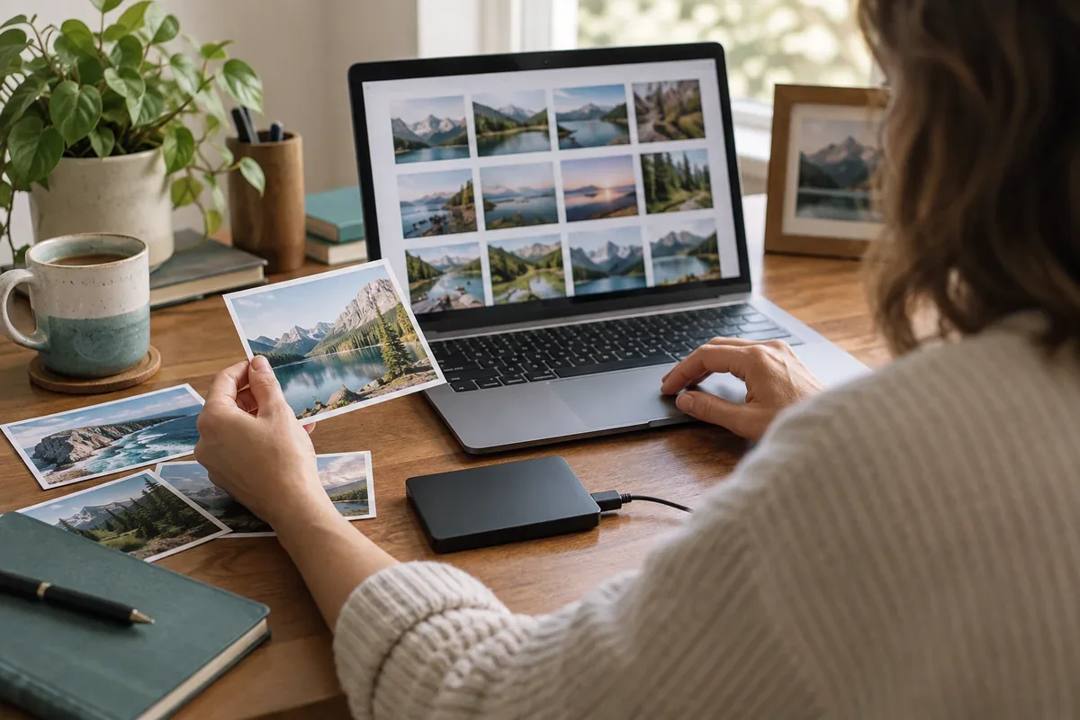 Une personne trie ses photographies sur ordinateur à côté d’un disque externe