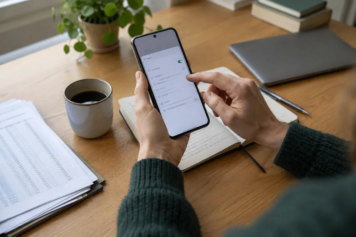 Un téléphone et un carnet pour examiner les réglages numériques