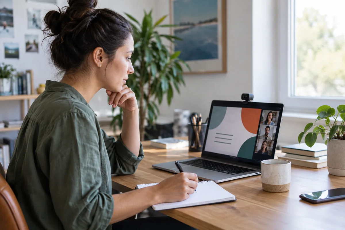 Une personne prépare une présentation sur ordinateur équipé d’une webcam