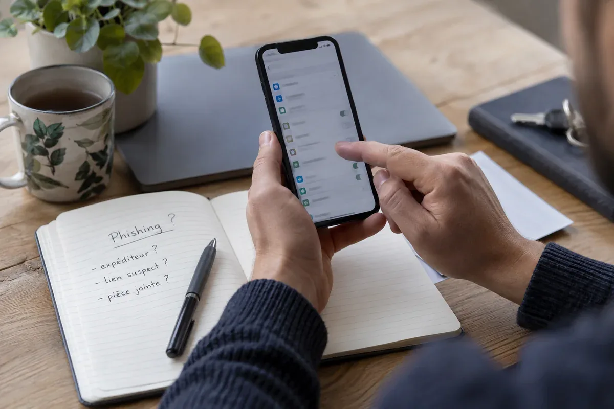 A person checks a suspicious message against an independently opened website