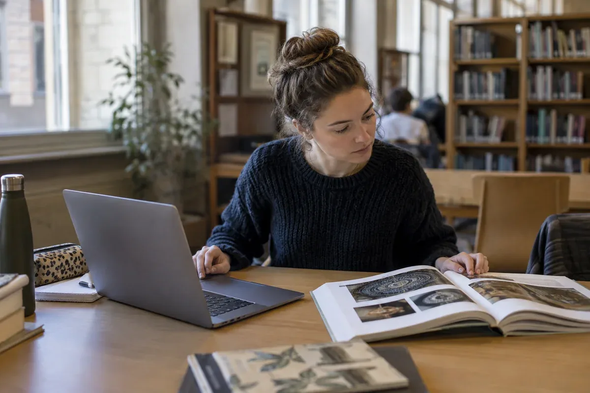 A person compares information on a computer with a book