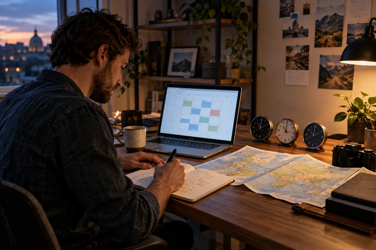Un calendrier sur ordinateur accompagne plusieurs horloges et une carte du monde