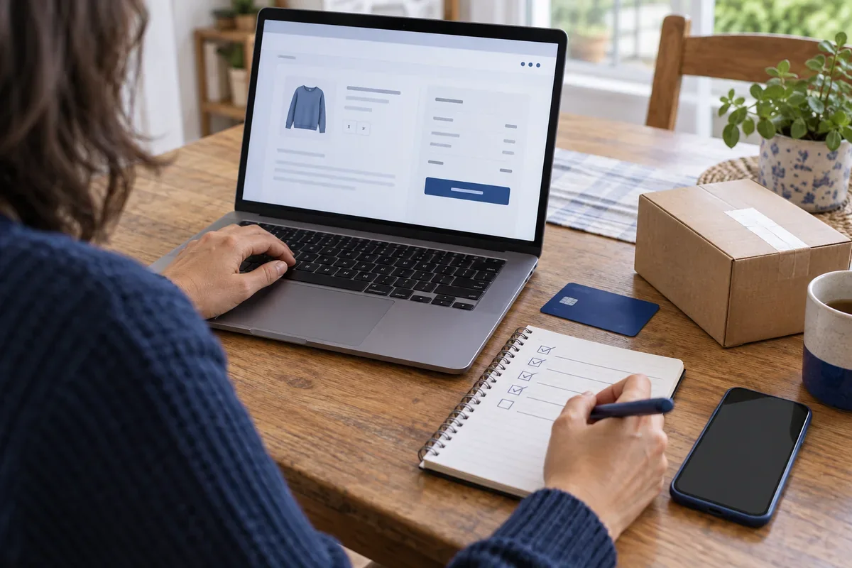 Editorial illustration of a person checking an order before paying online