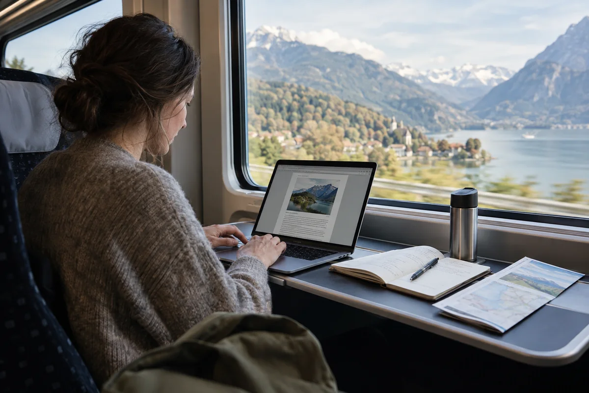 Une personne consulte un document sur ordinateur pendant un trajet en train