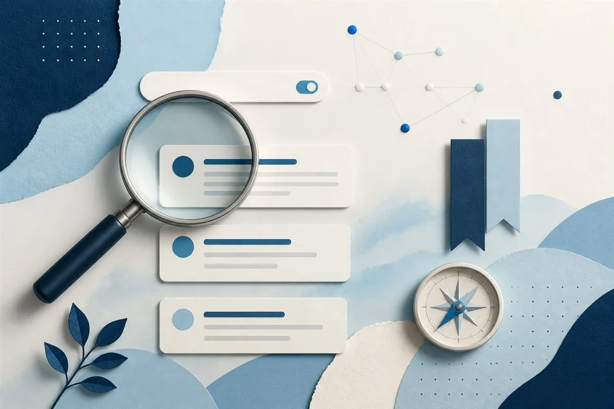 Editorial illustration of an organised web search