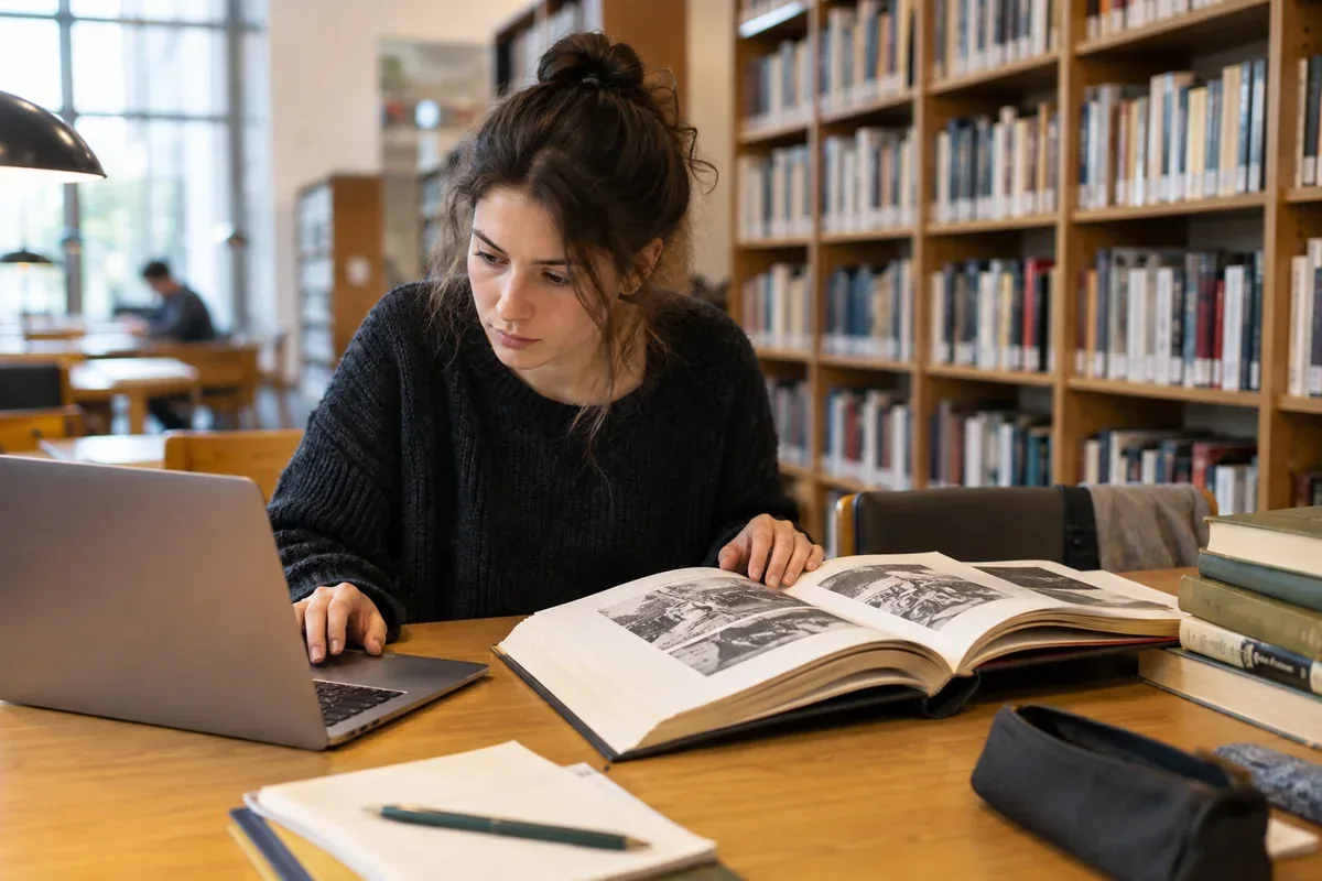 A person compares an image with its earlier publication context