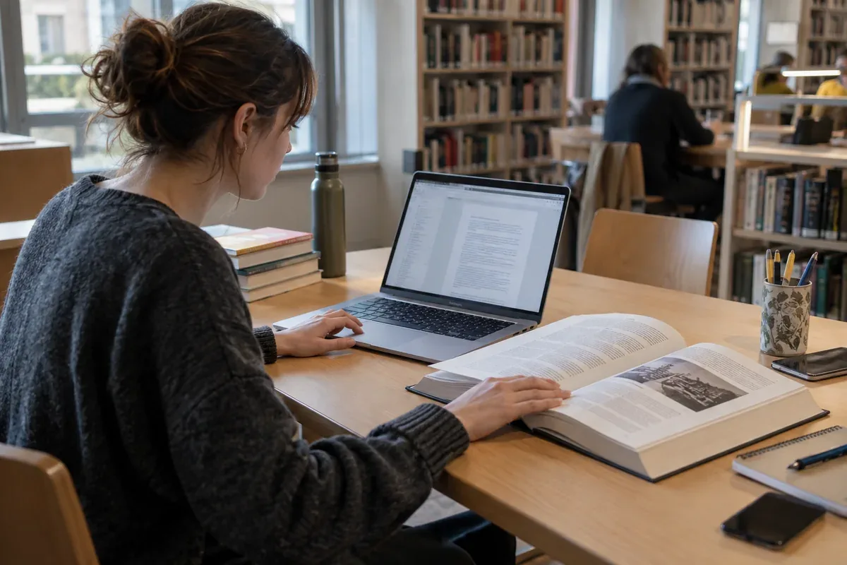 Une personne compare des informations sur ordinateur avec un ouvrage