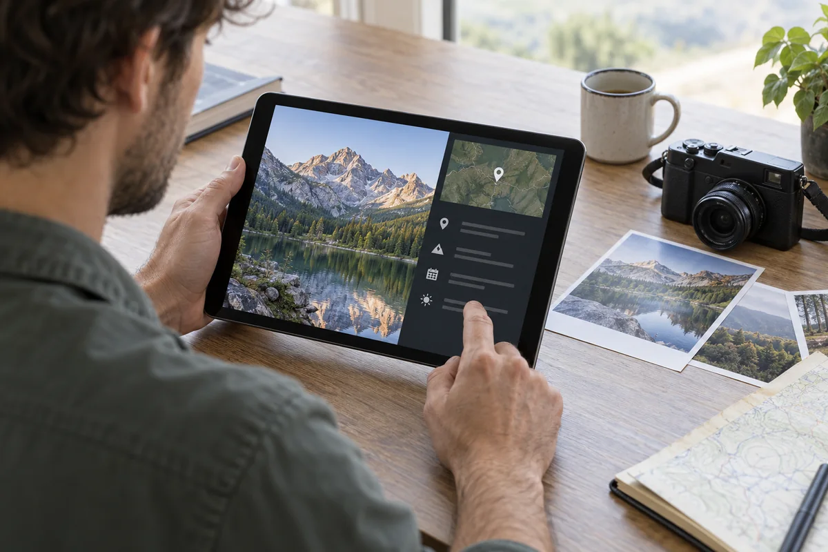 Une personne examine les informations d’une photographie sur tablette, près d’un appareil photo