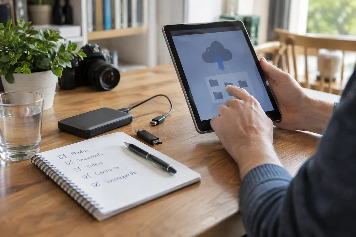 A person checks a separate copy of important files on an external storage device