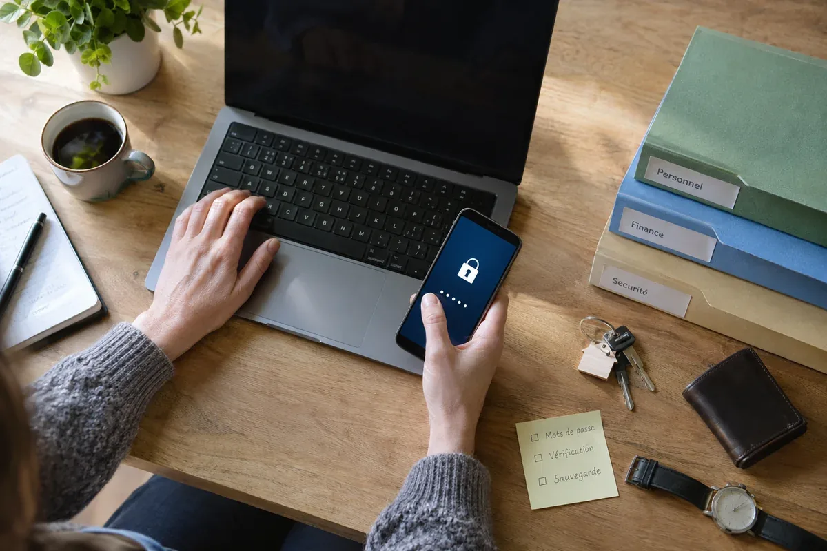 A person checks account security and recovery options on a laptop