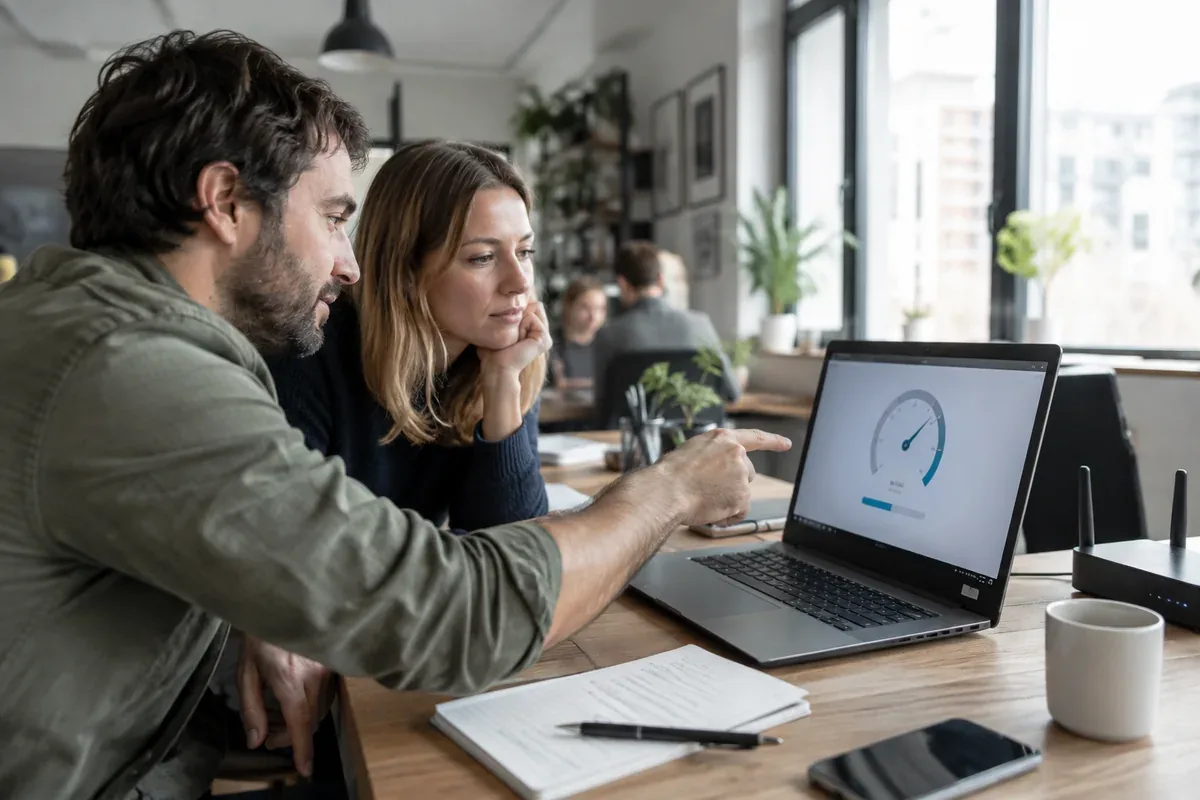 An internet connection is measured near a router and compared with a Wi-Fi test