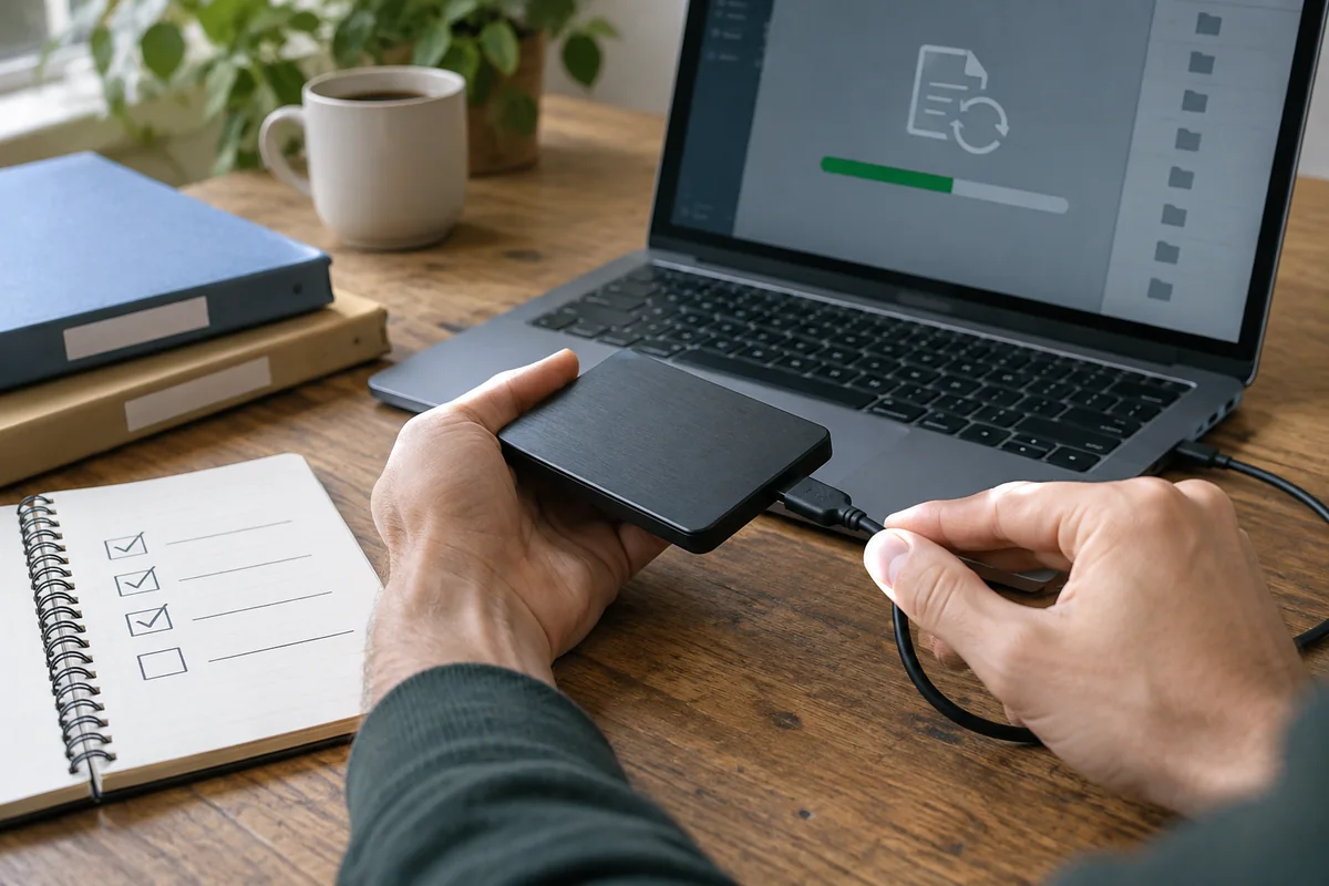 Un disque de sauvegarde connecté à un ordinateur près d’une liste de vérification