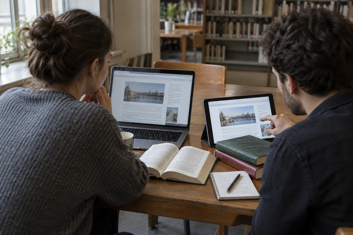 Deux personnes comparent des pages sur ordinateur et tablette près de dictionnaires