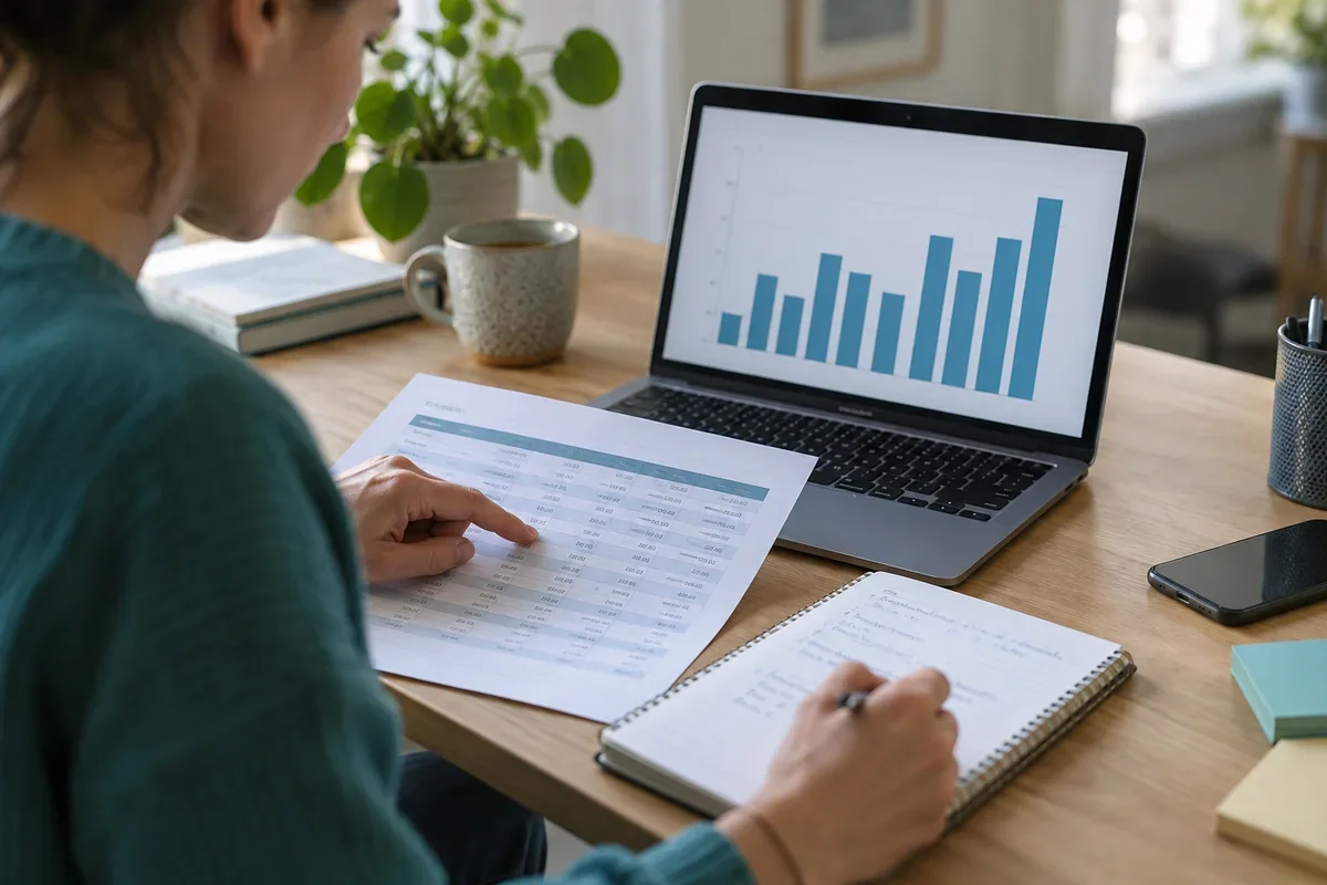 Une personne compare un graphique sur ordinateur avec un tableau imprimé