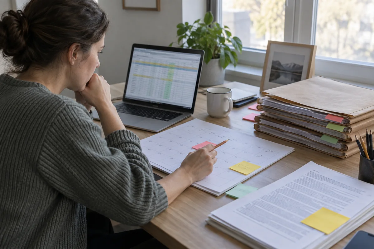Une personne compare un tableau sur ordinateur avec un calendrier et des dossiers