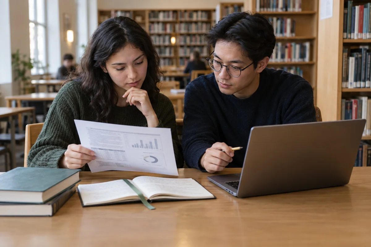 Deux personnes consultent la documentation d’un jeu de données dans une bibliothèque
