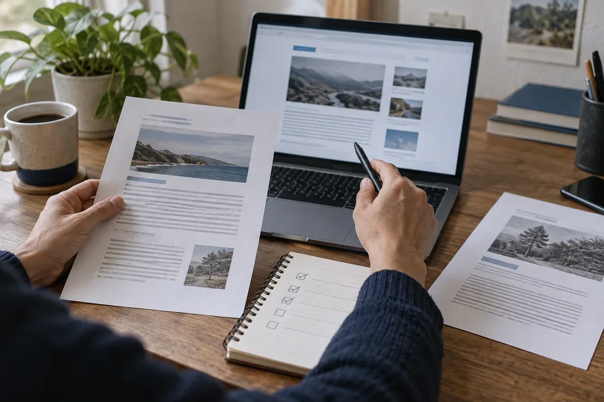 A person compares a web claim with its original documents