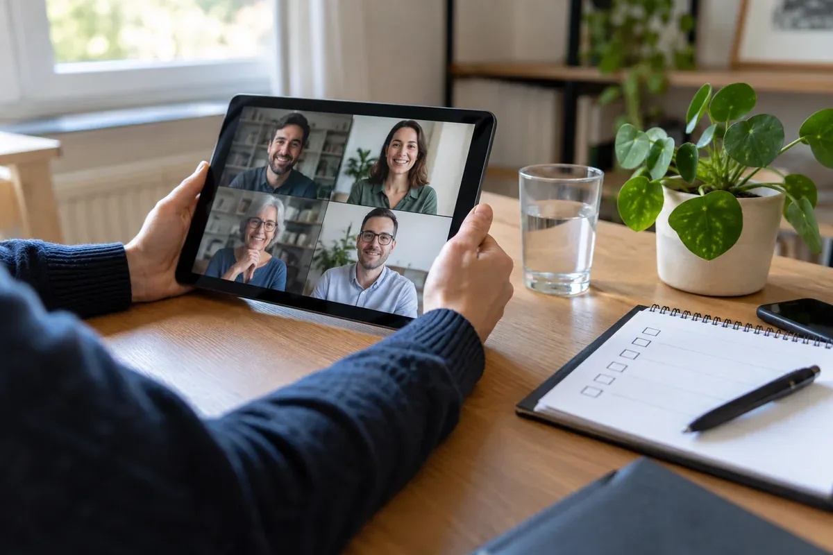A participant tests a microphone and preview before joining a video call