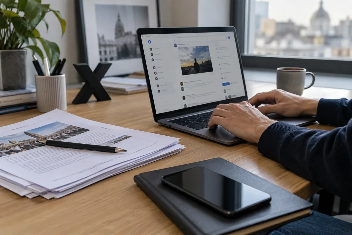 A laptop and organised documents on a desk