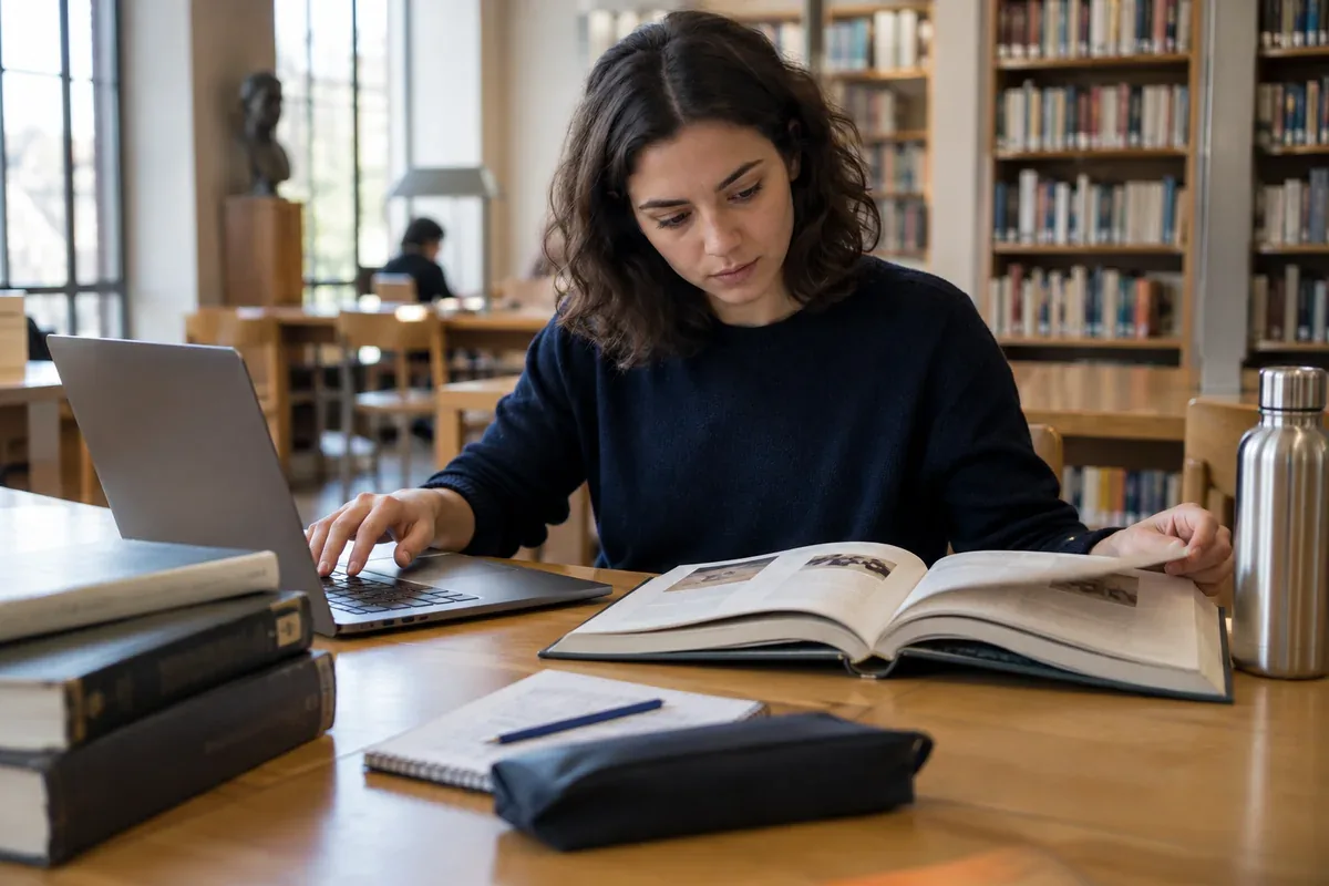 A person compares information on a computer with a book
