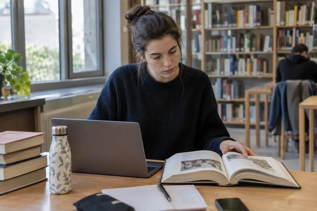 A person compares information on a computer with a book