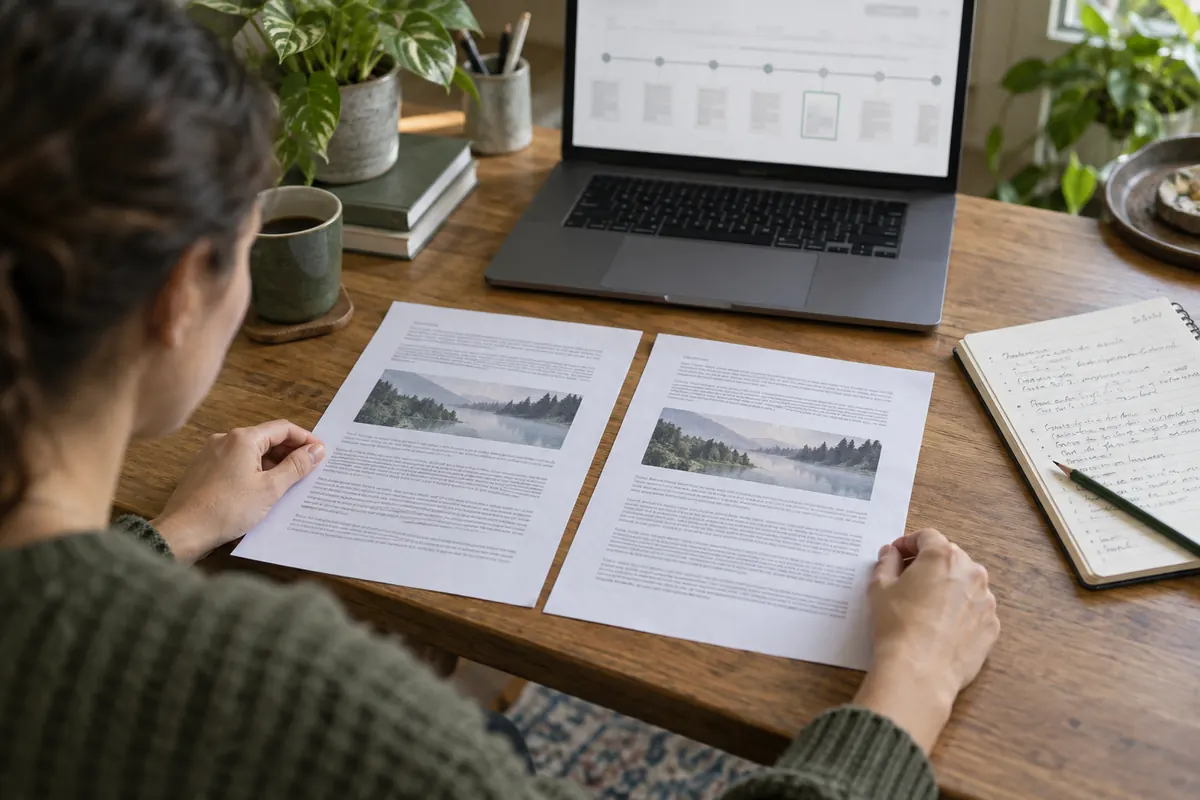 Une personne compare deux versions imprimées d’un document près de son ordinateur