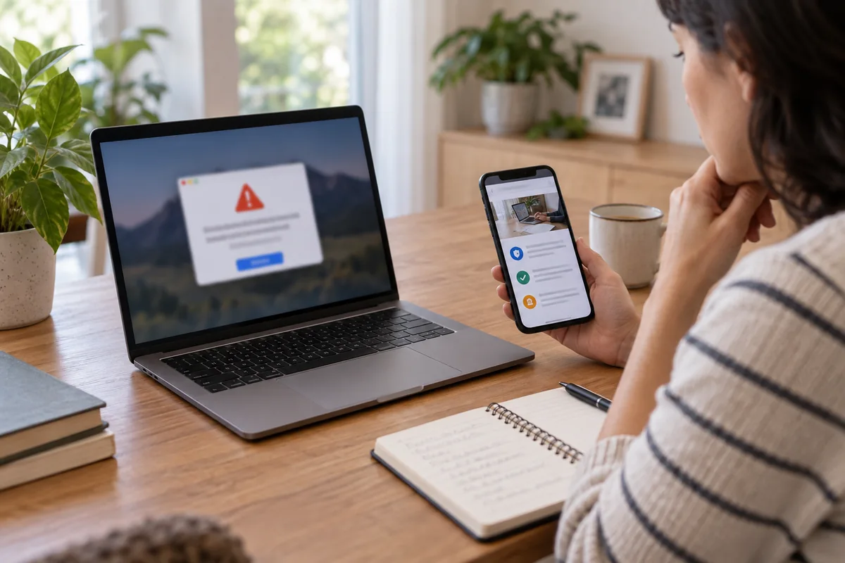 A person checks a suspicious laptop alert using a separate trusted source on a phone