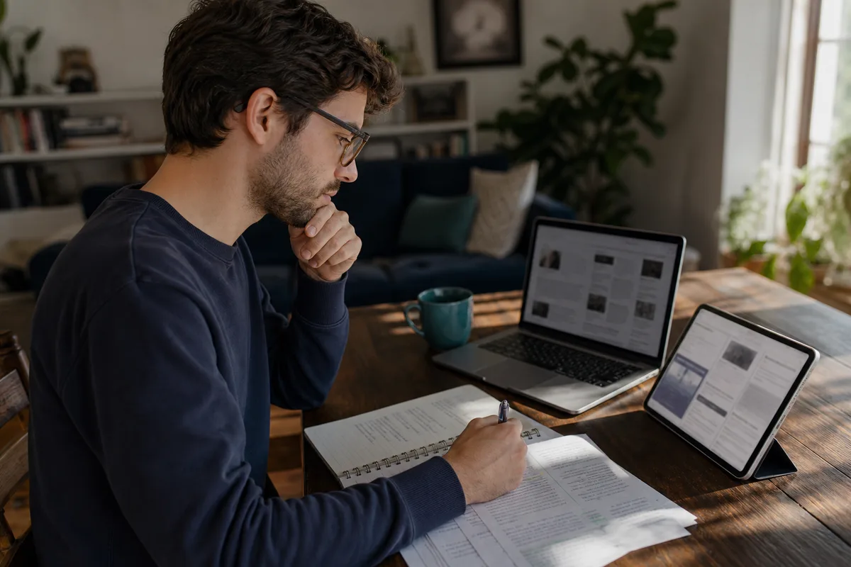 Un lecteur compare plusieurs sources d’actualité et vérifie ses notes