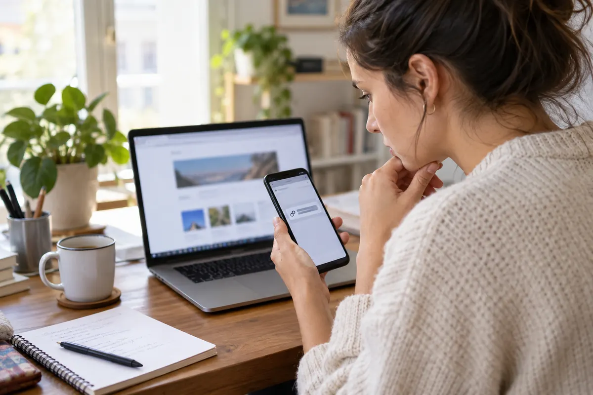 Une personne examine un lien reçu sur téléphone près de son ordinateur