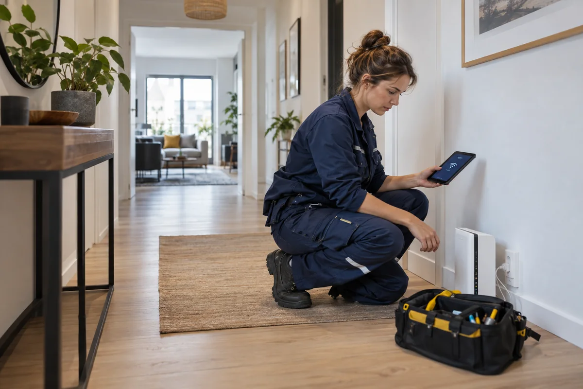 Une technicienne contrôle la connexion Wi-Fi d’un appartement près de la box Internet