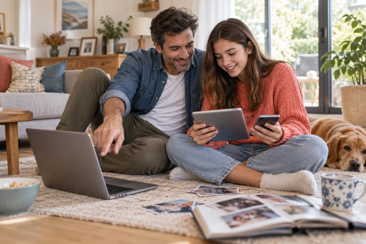 Un père et sa fille utilisent ensemble un ordinateur, une tablette et un smartphone