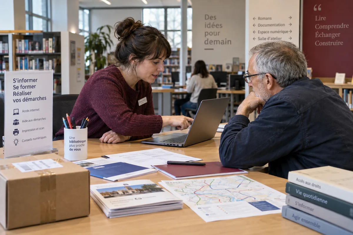 Une bibliothécaire accompagne un visiteur dans une démarche en ligne