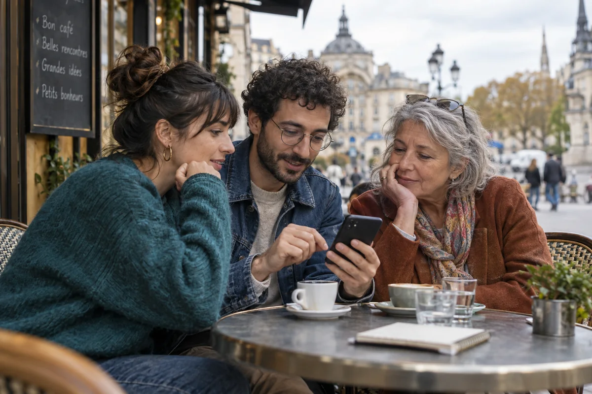Trois personnes échangent autour d’un smartphone sur la terrasse d’un café