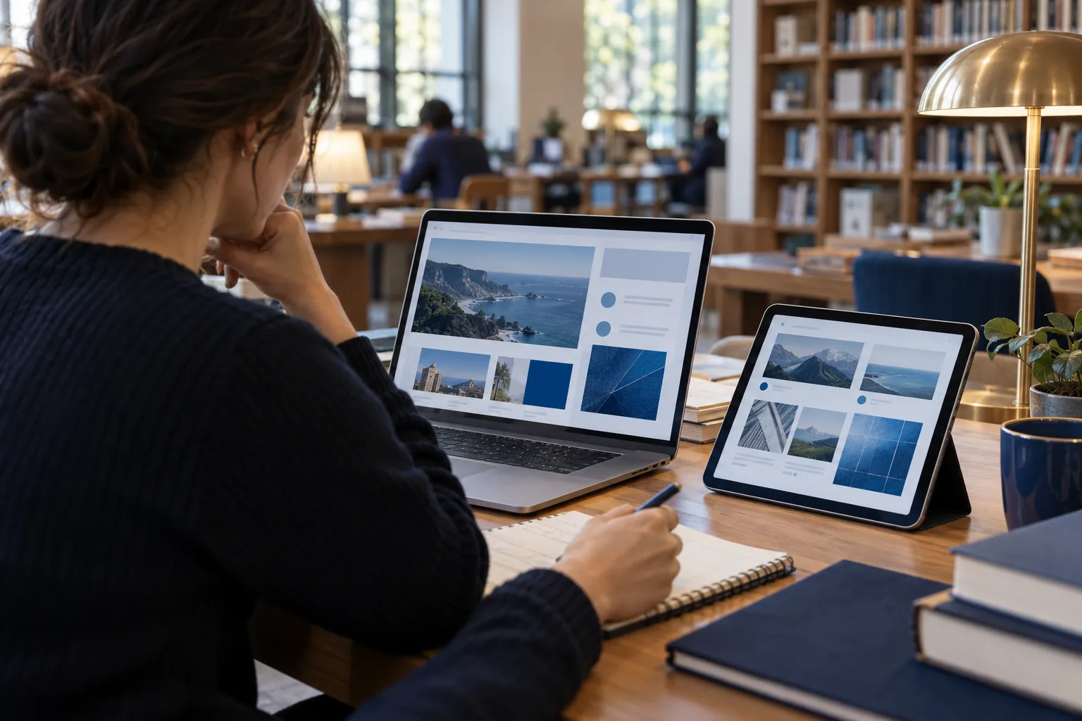 A person compares generic web pages on a laptop and tablet while taking notes in a library