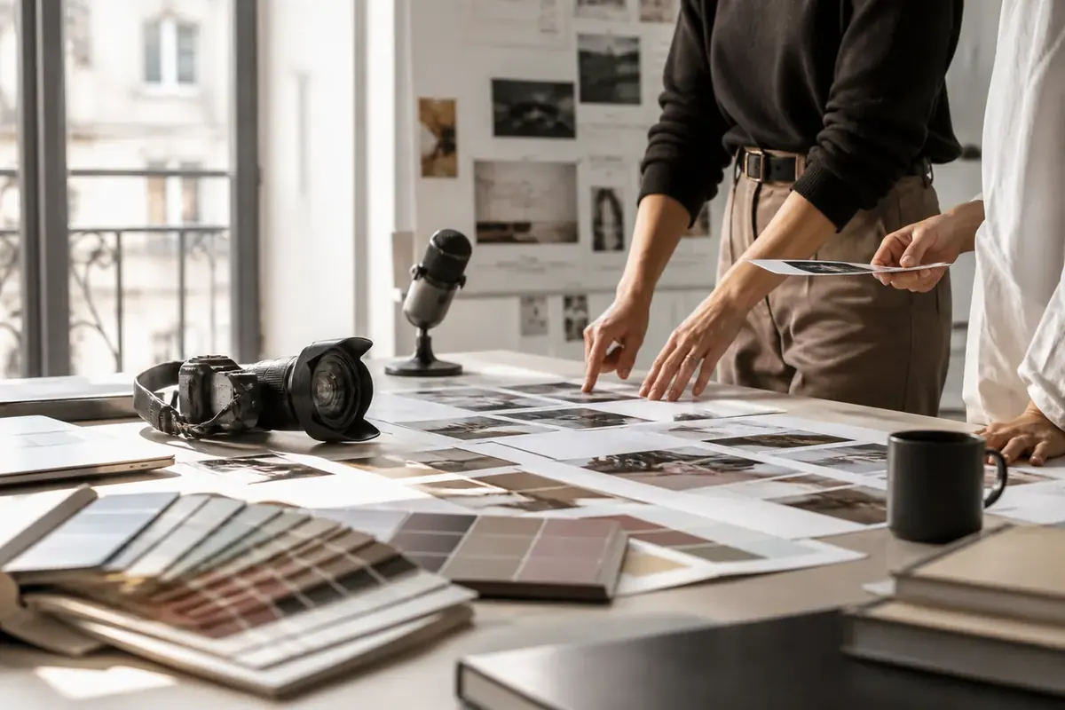 Two people review layouts and documents at a shared worktable
