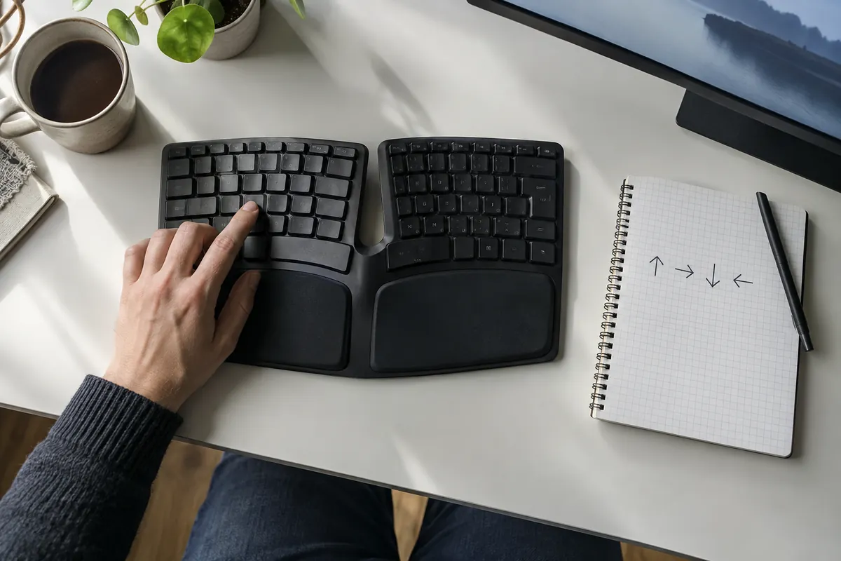 Une main utilise un clavier ergonomique, près d’un carnet avec des flèches de navigation
