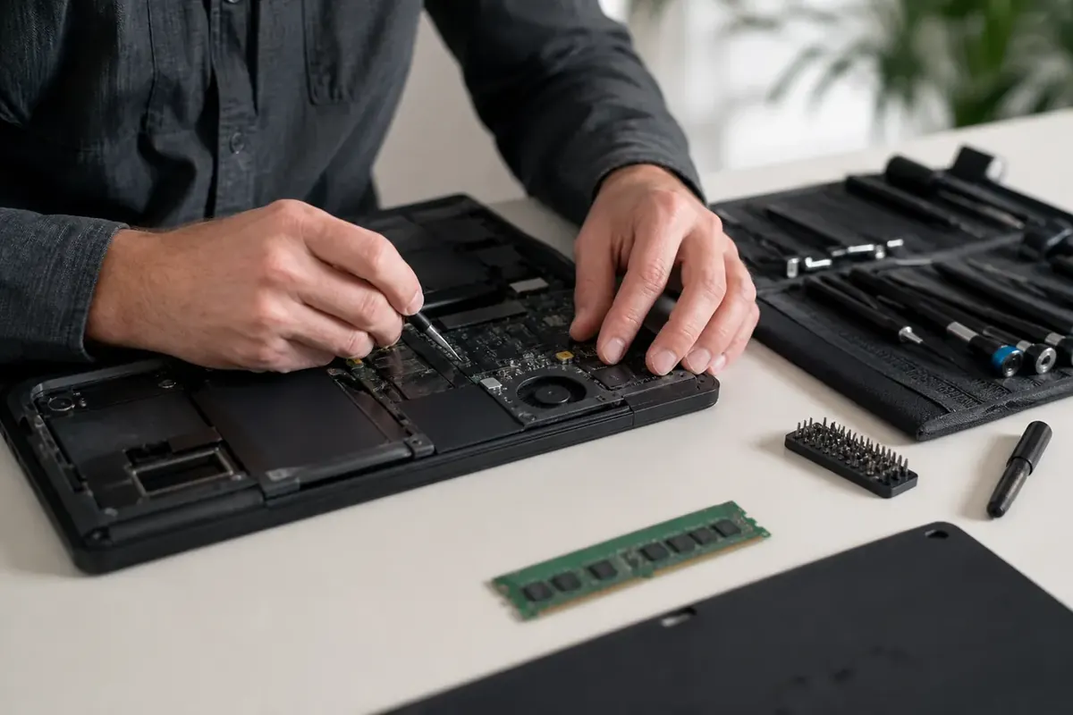 A technician examines computer components beside a work laptop