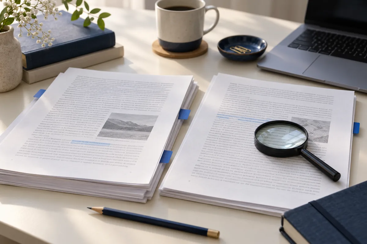 Documents examined on a desk — AI-generated illustration