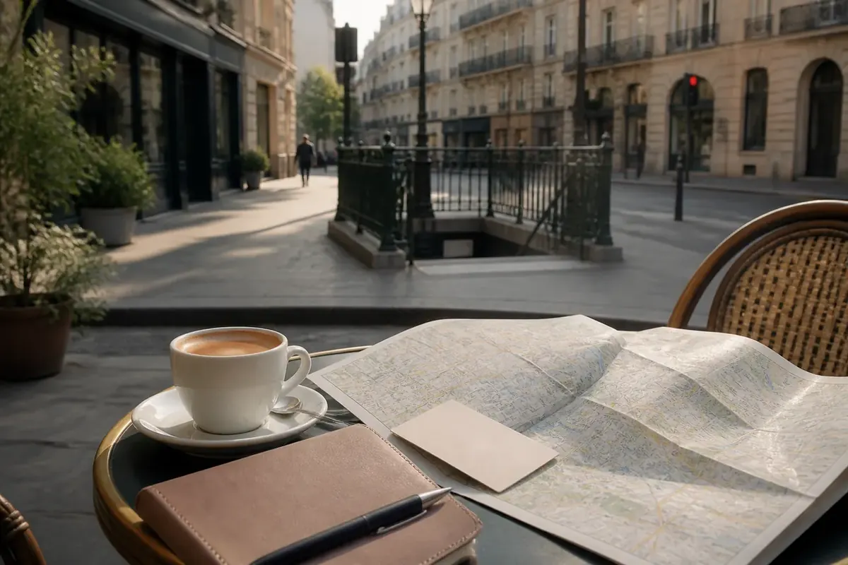 Un journal ouvert sur une table de café près d’une place urbaine