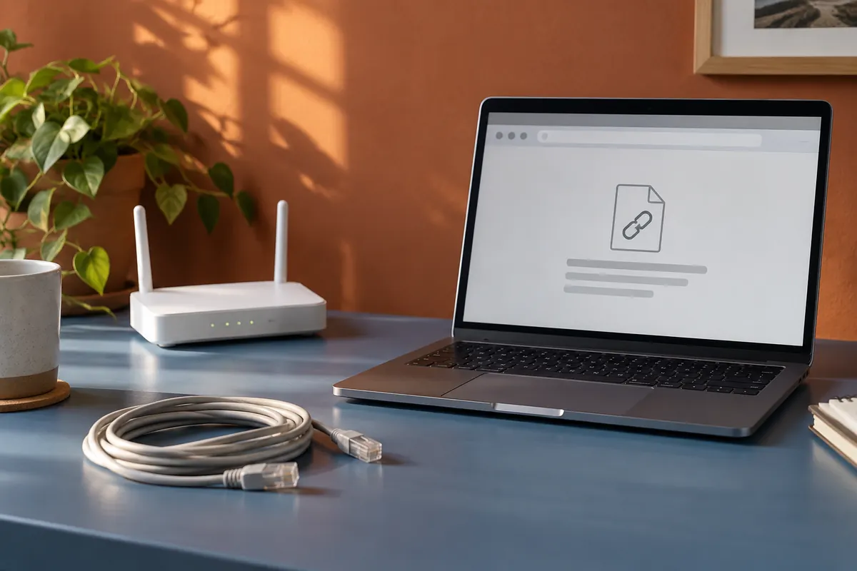 A laptop showing a generic page error sits beside a router and an Ethernet cable