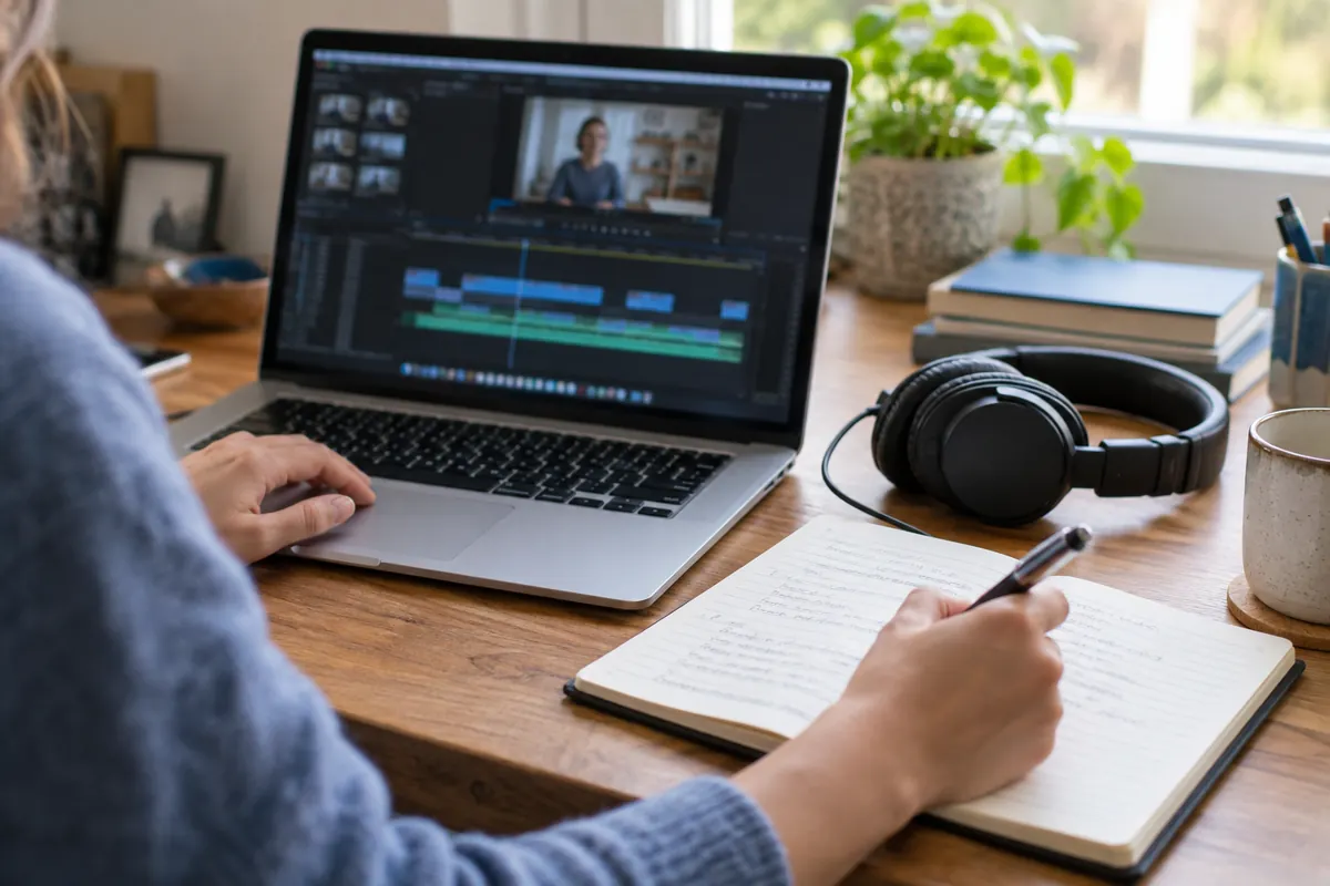 Une personne relit ses notes avec un casque près d’un ordinateur affichant un montage vidéo