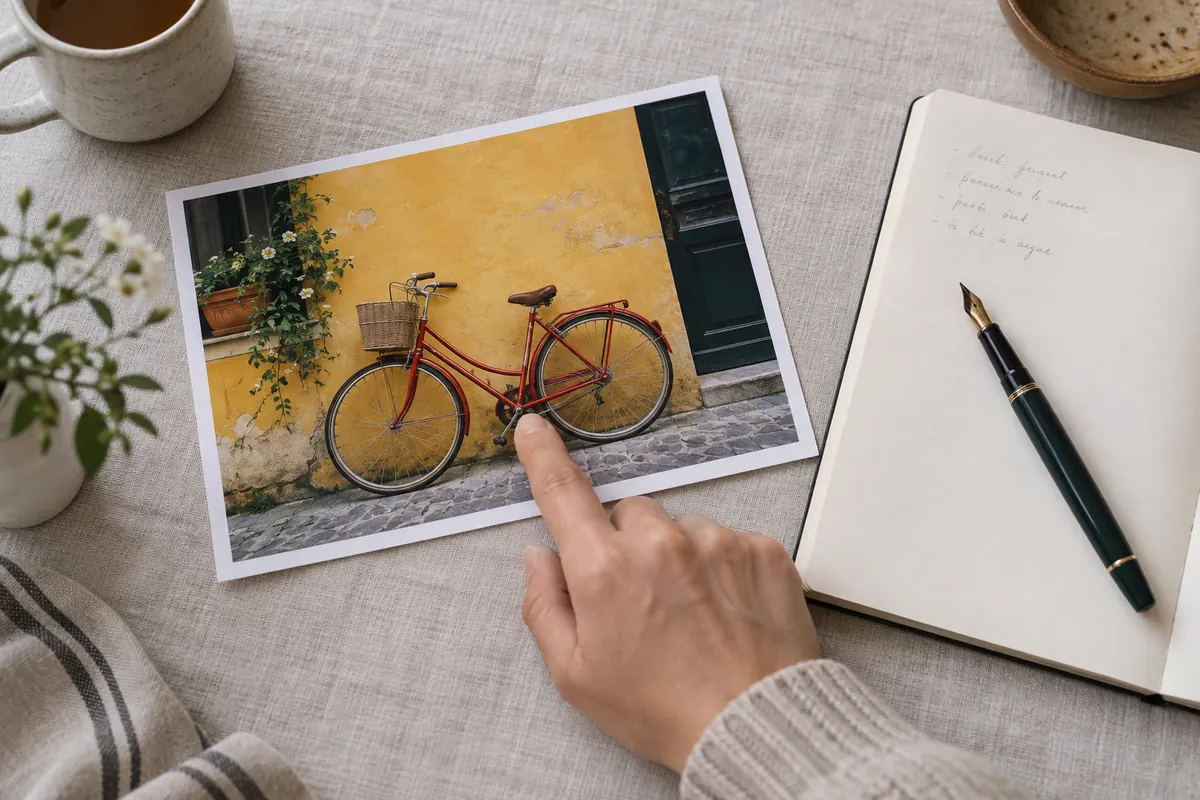 A person points to a detail in a printed bicycle photograph beside a notebook