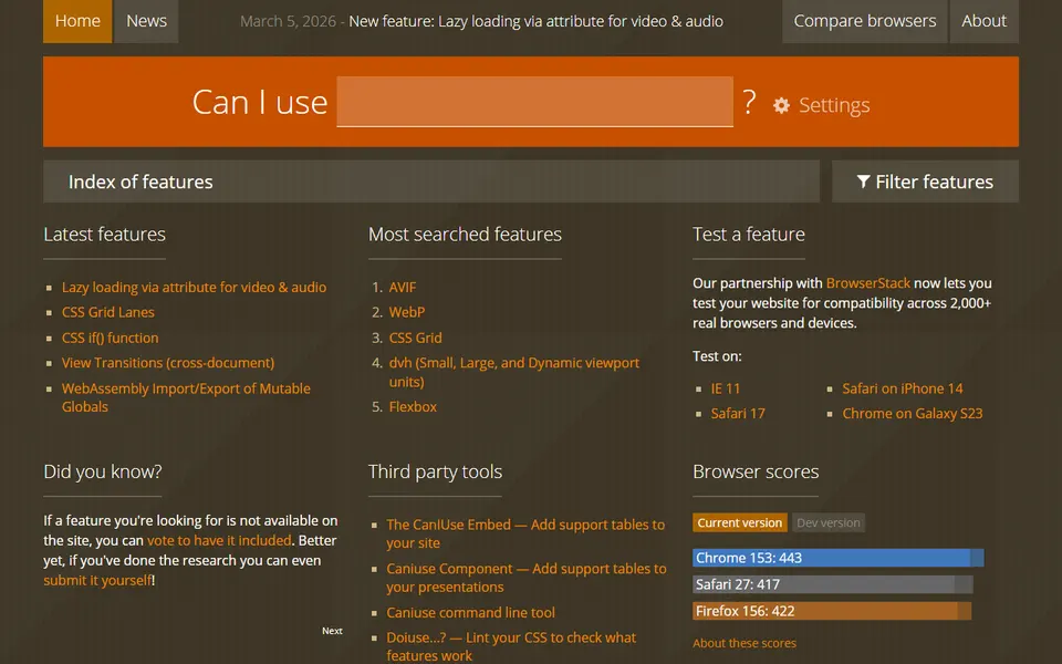 Aperçu de la page d’accueil de Can I use